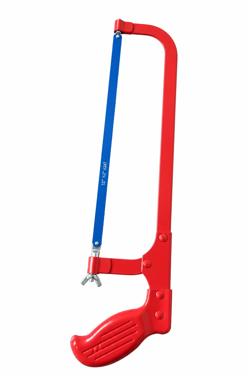 Twelve-inch hand hacksaw with rigid red frame and replaceable blade.