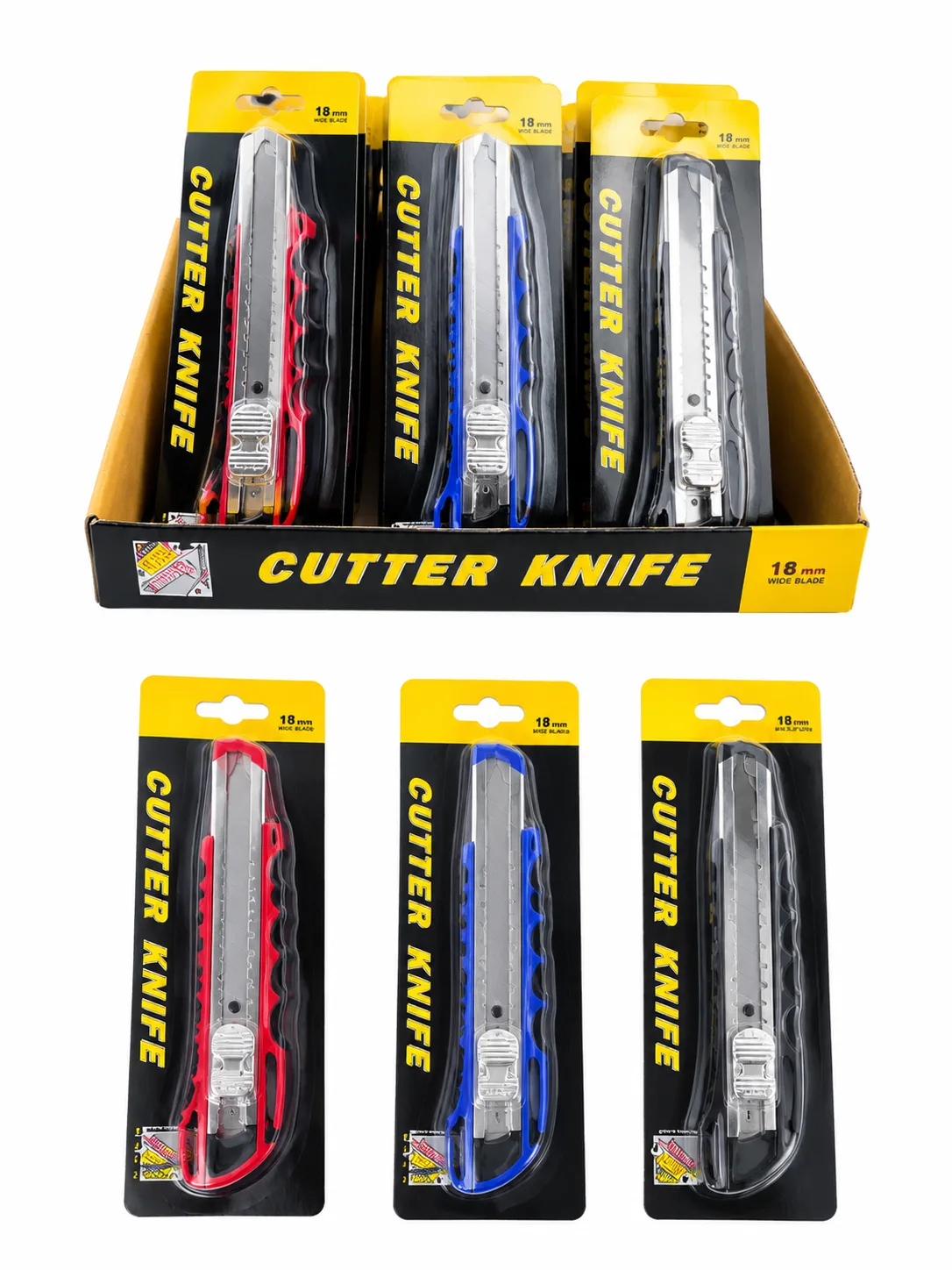 Packaged 18 mm snap-off utility cutter knives in three colours.