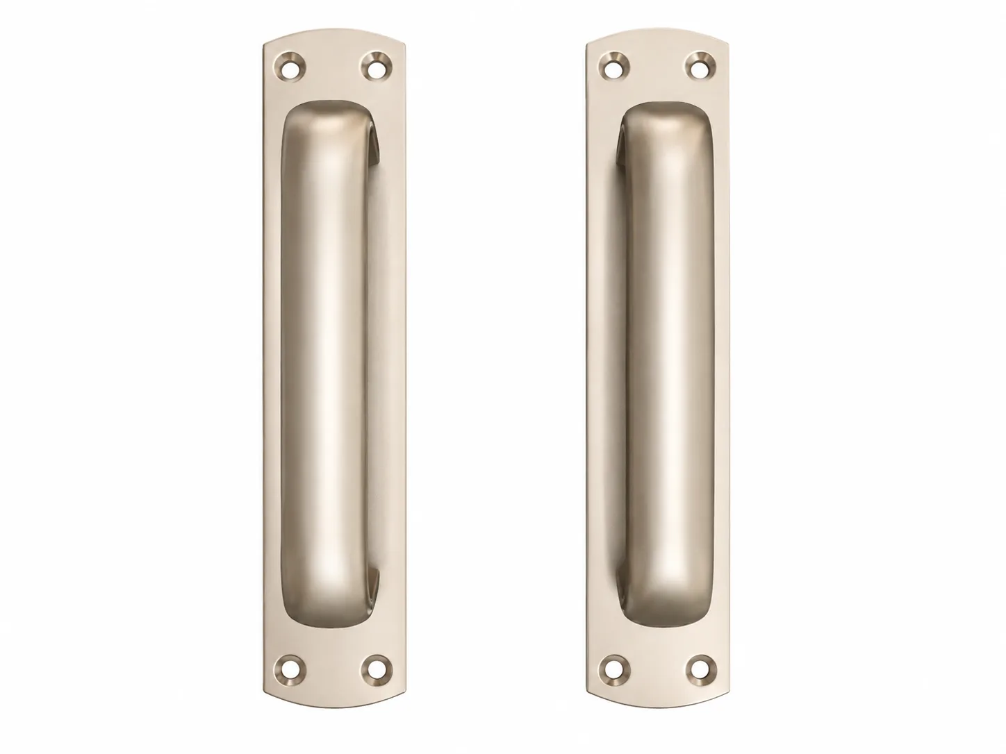 Two aluminium pull handles with elongated grips and four visible countersunk mounting holes.