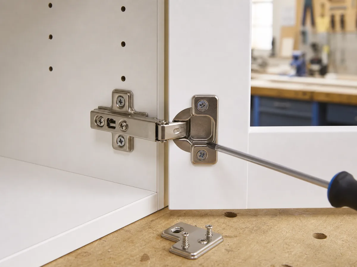 A concealed cup hinge close-up with a screwdriver on an adjustment screw.