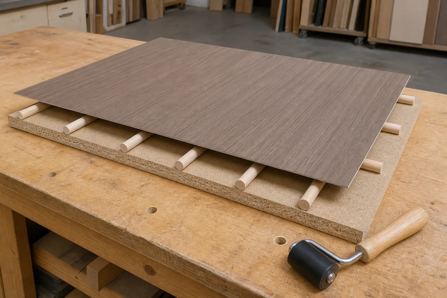 Illustrative contact-bonding alignment: dowel spacers keep a laminate sheet separated from the board until it is positioned, with a narrow pressure roller ready for final bonding.