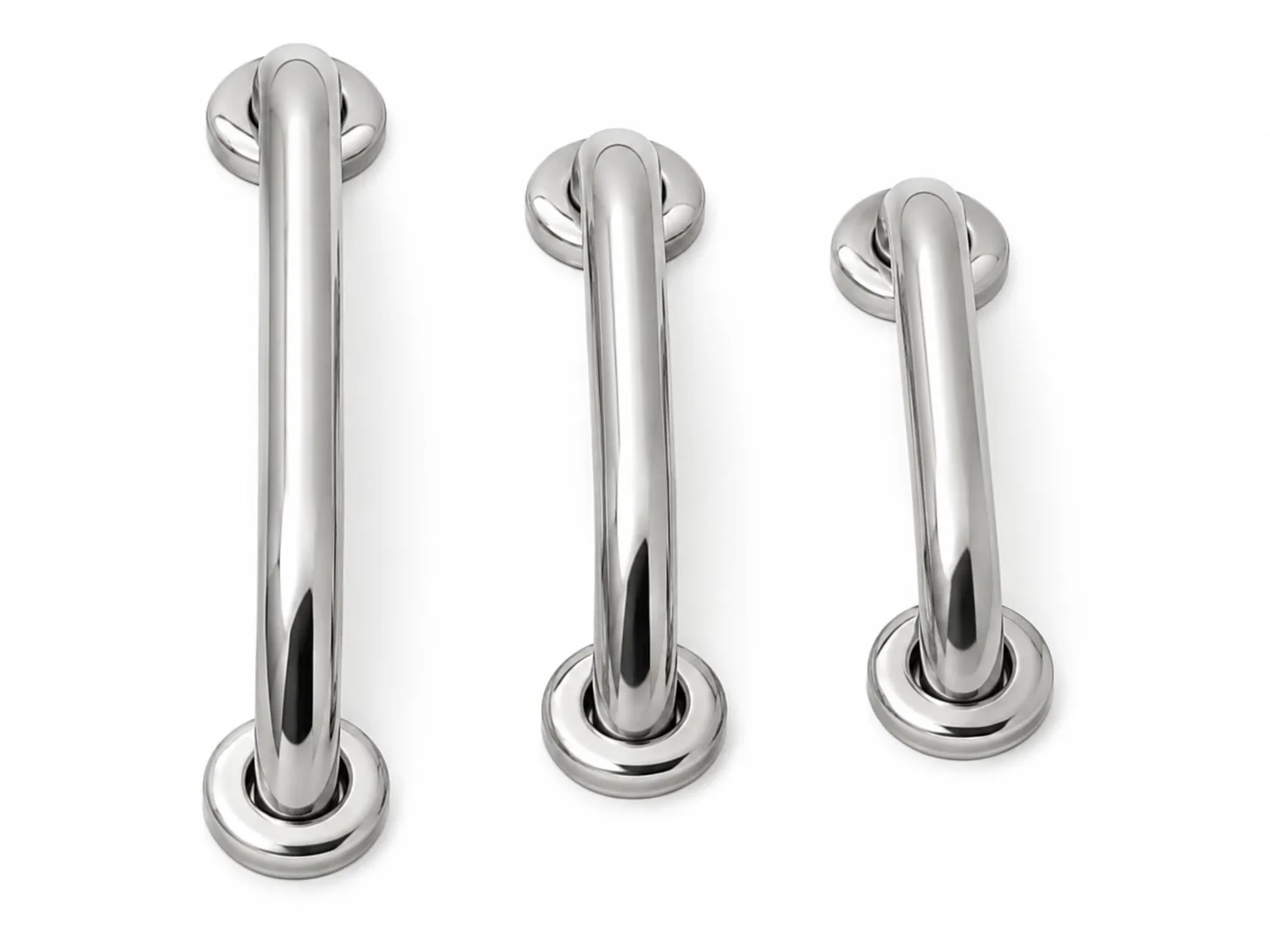 Curved tubular grab handles with round mounting bases shown in three sizes.