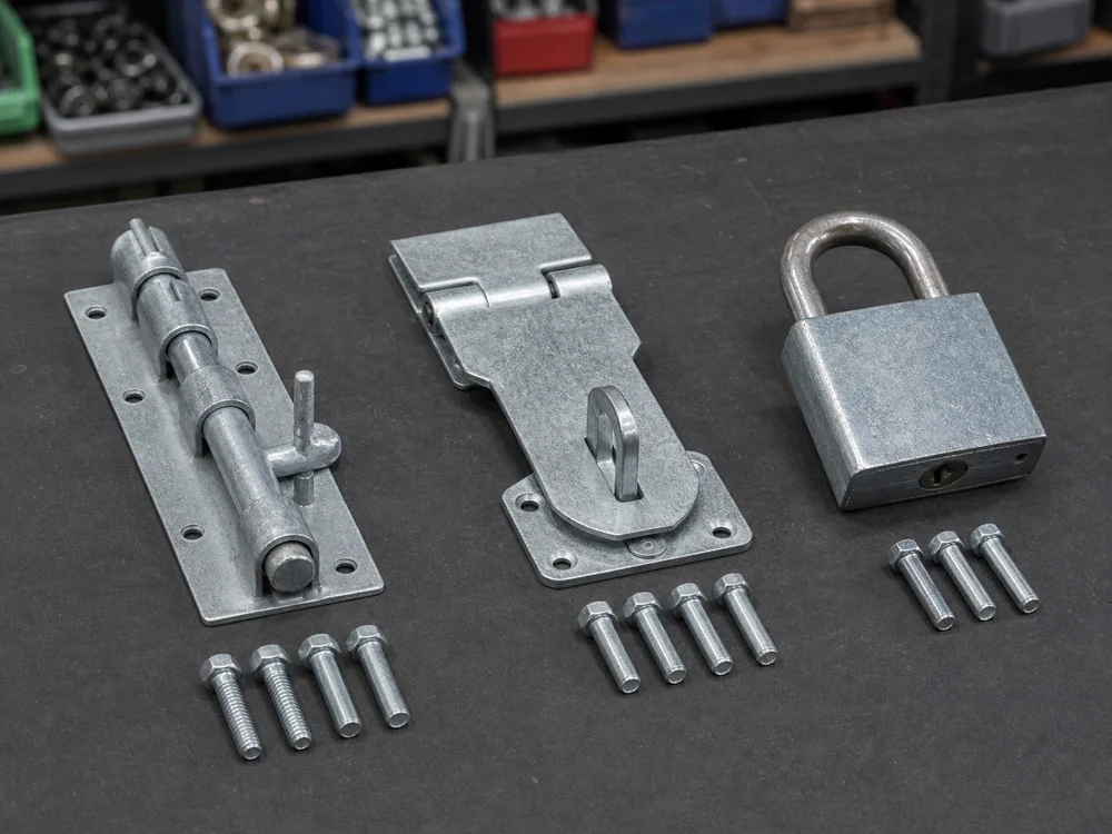 Tower bolt, hasp and staple, and padlock hardware before fitting.