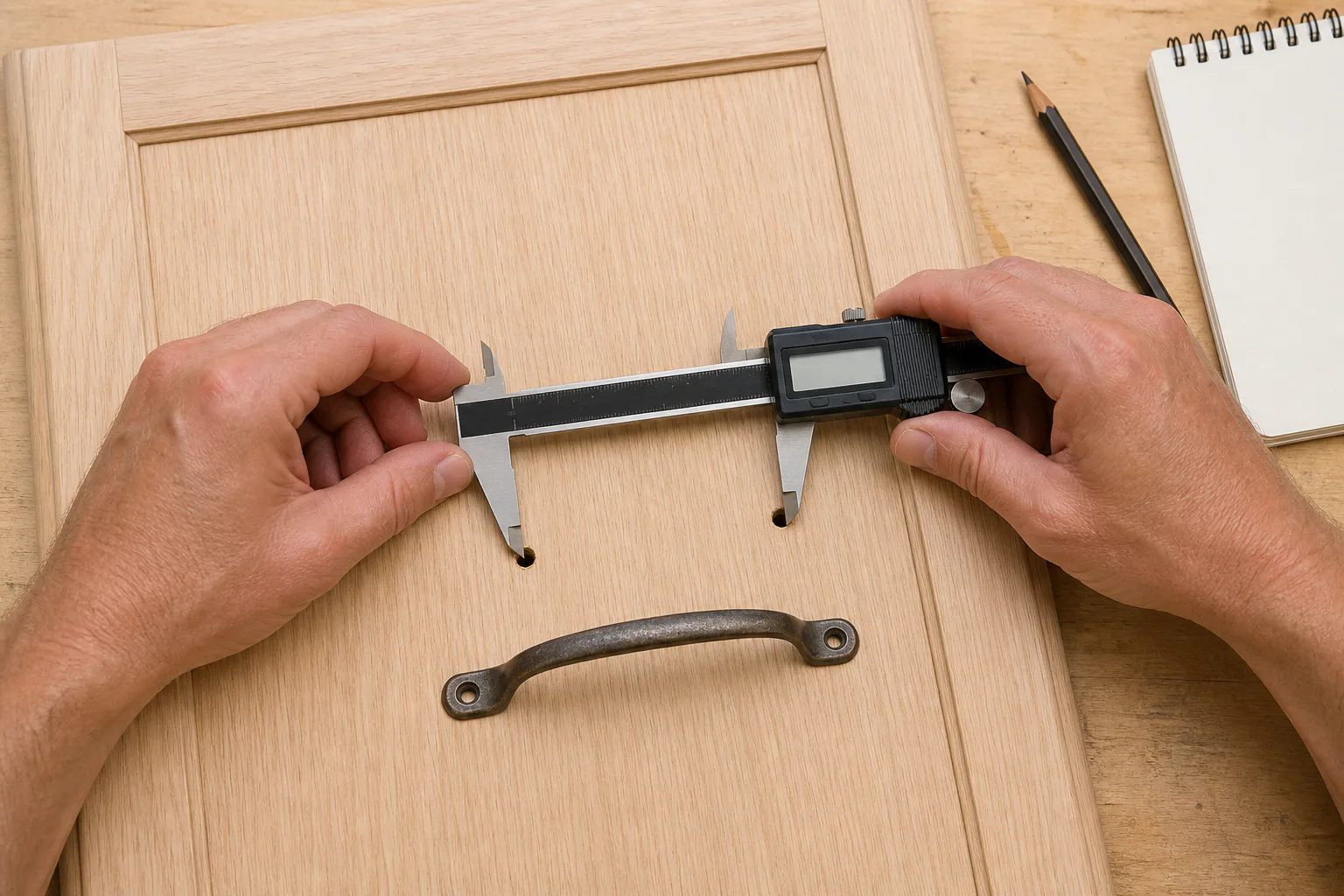 Illustrative workflow showing an existing pull-handle hole pattern being checked with a caliper before replacement.