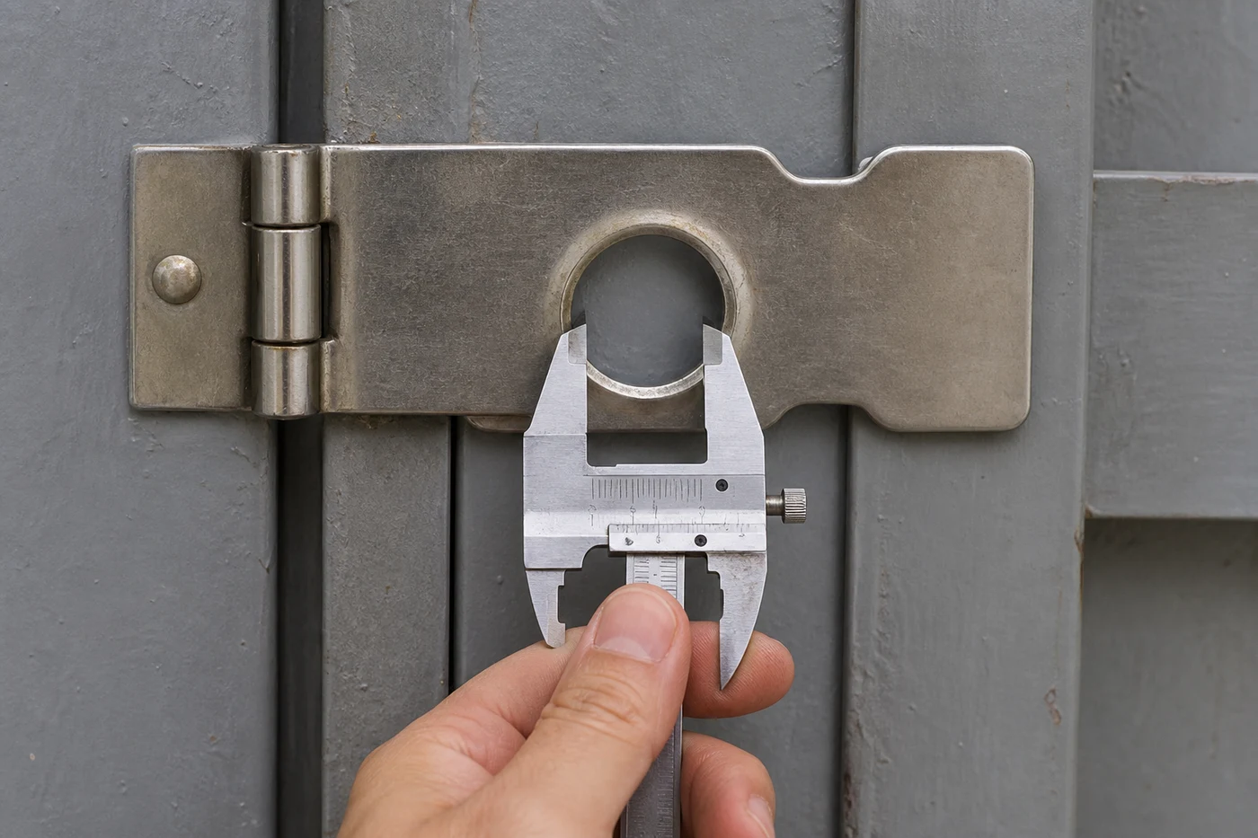 The inside diameter of a gate hasp being checked with a vernier caliper before selecting a padlock.